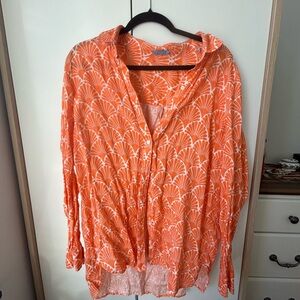 J. McLaughlin Coral and White Fan-Print Button Front Blouse